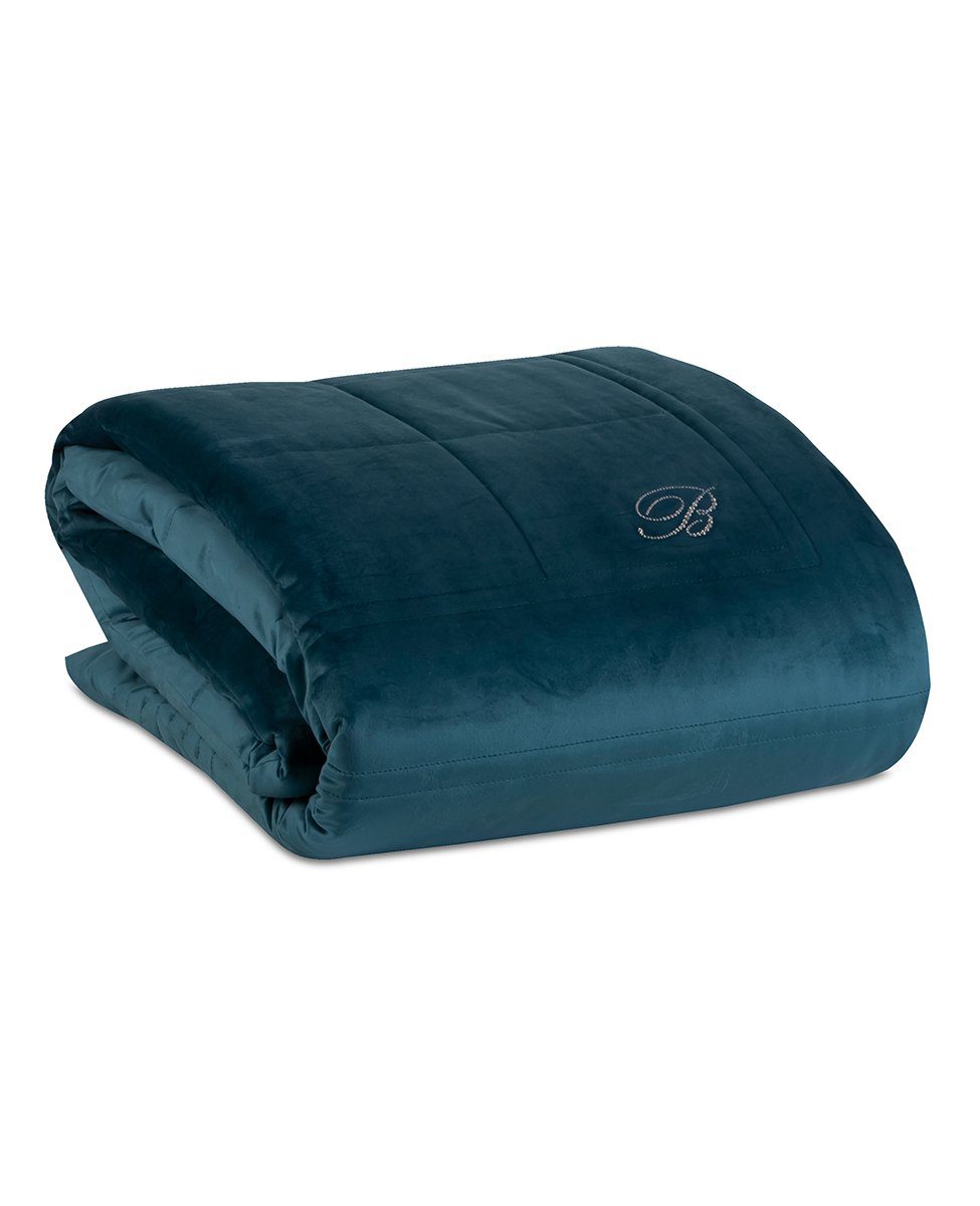 Blumarine Copriletto Matrimoniale Trapuntato In Velluto Con Logo Cristalli Blu Velvet