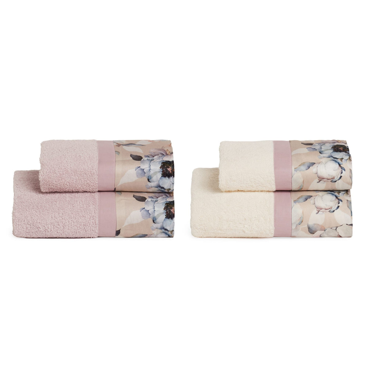 Biancoperla Set Asciugamani 2+2 In Spugna Di Cotone Con Balza In Raso Di Cotone Stampato Sefiro