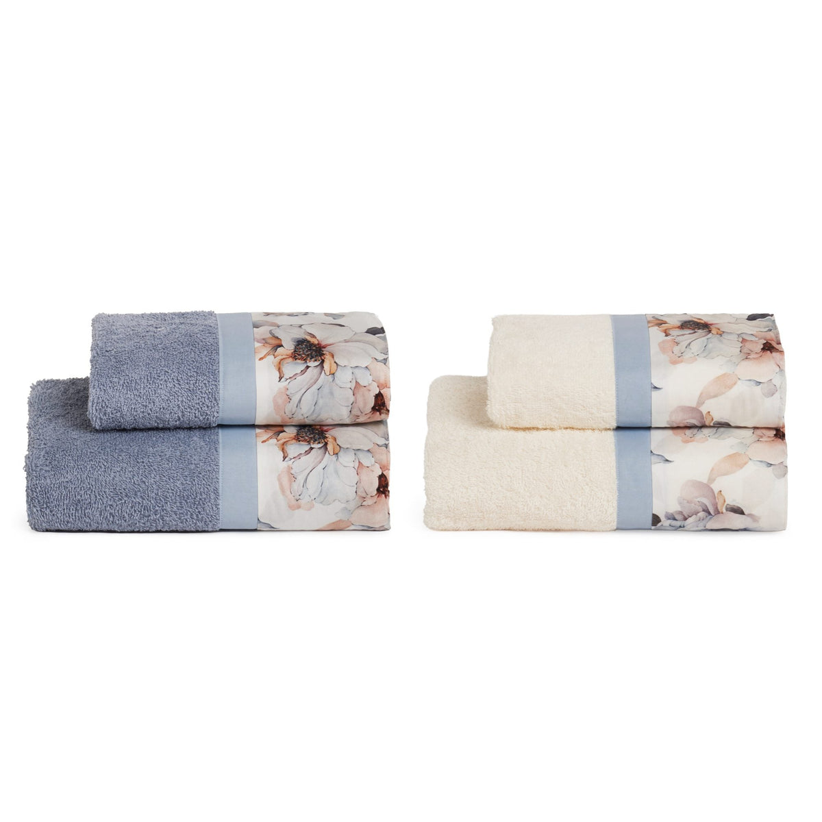 Biancoperla Set Asciugamani 2+2 In Spugna Di Cotone Con Balza In Raso Di Cotone Stampato Sefiro