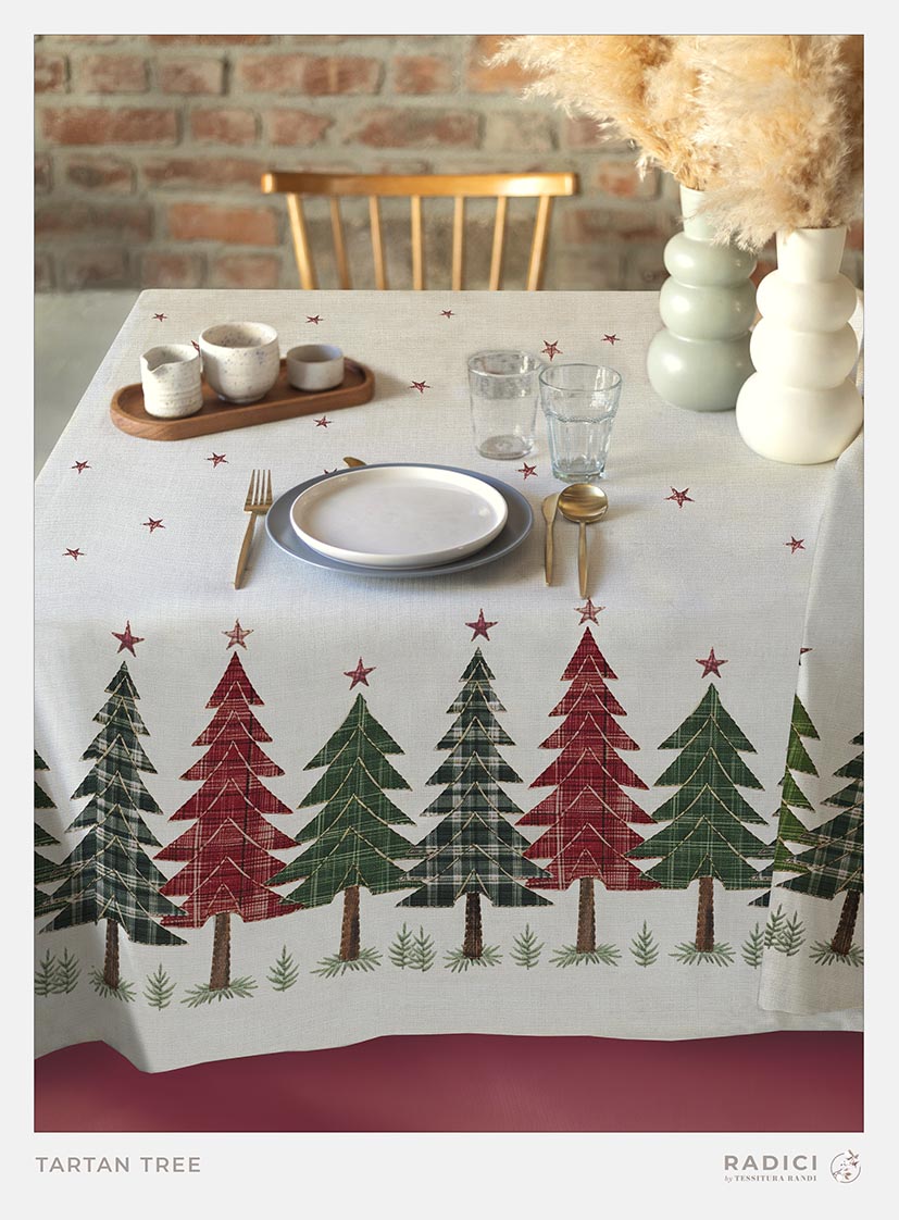Tessitura Randi Tovaglia Natalizia E/O Runner In Tessuto Antimacchia No Stiro Stampato Tartan Tree