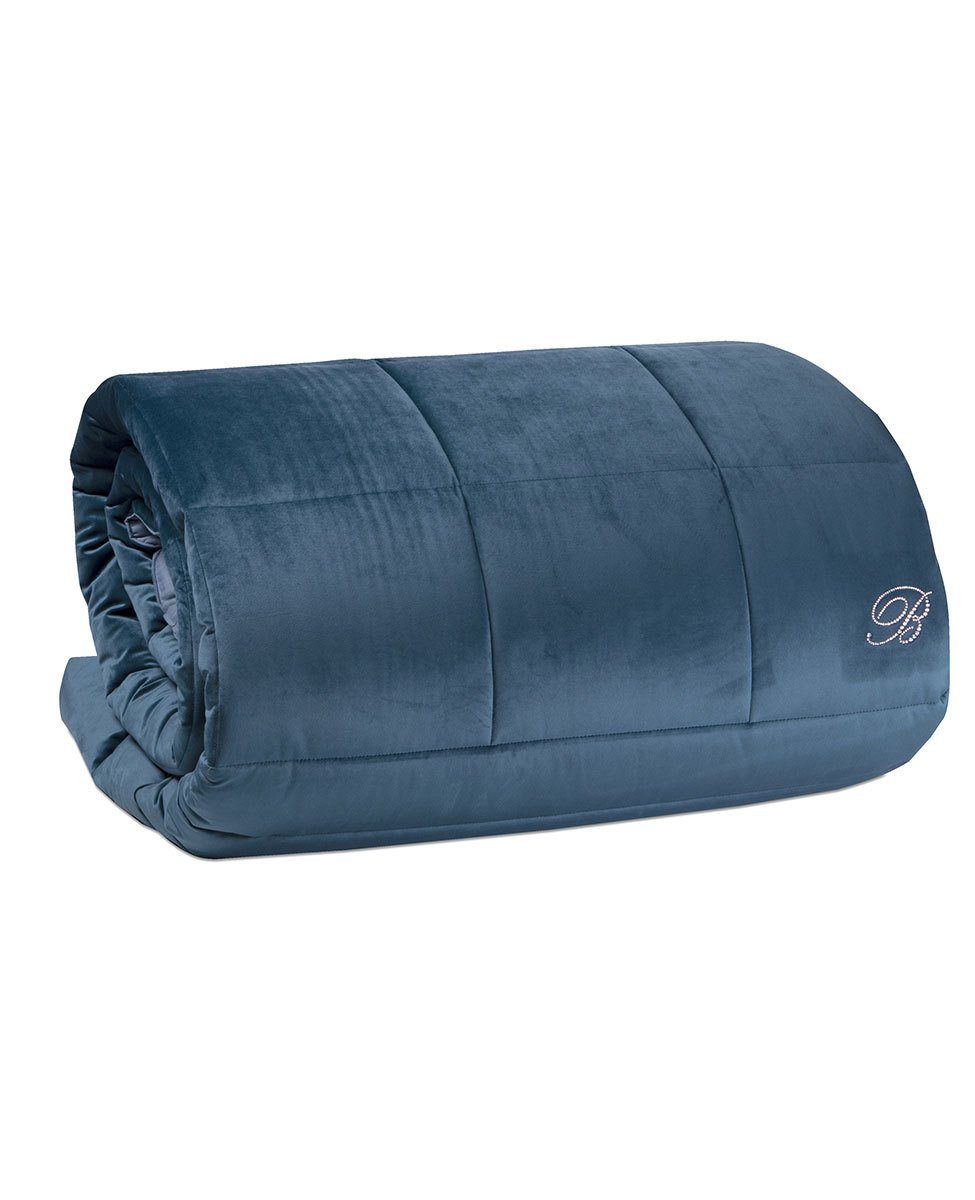 Blumarine Trapunta matrimoniale in velluto con logo cristalli Blu Velvet