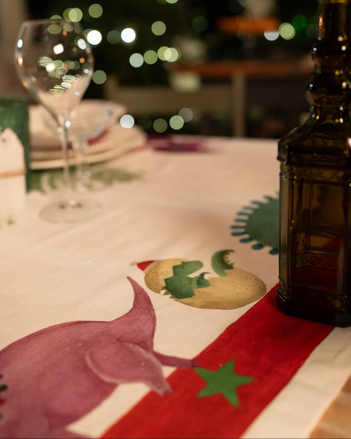 Tessitura Toscana Telerie Tovaglia Natalizia E/O Runner In Misto Lino Jurassic Xmas