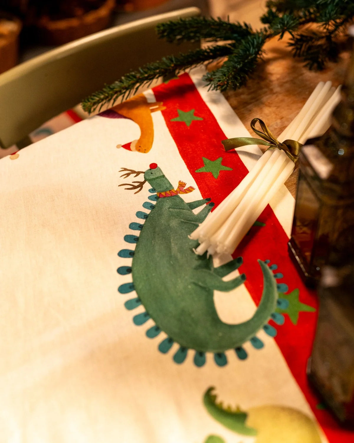 Tessitura Toscana Telerie Tovaglia Natalizia E/O Runner In Misto Lino Jurassic Xmas