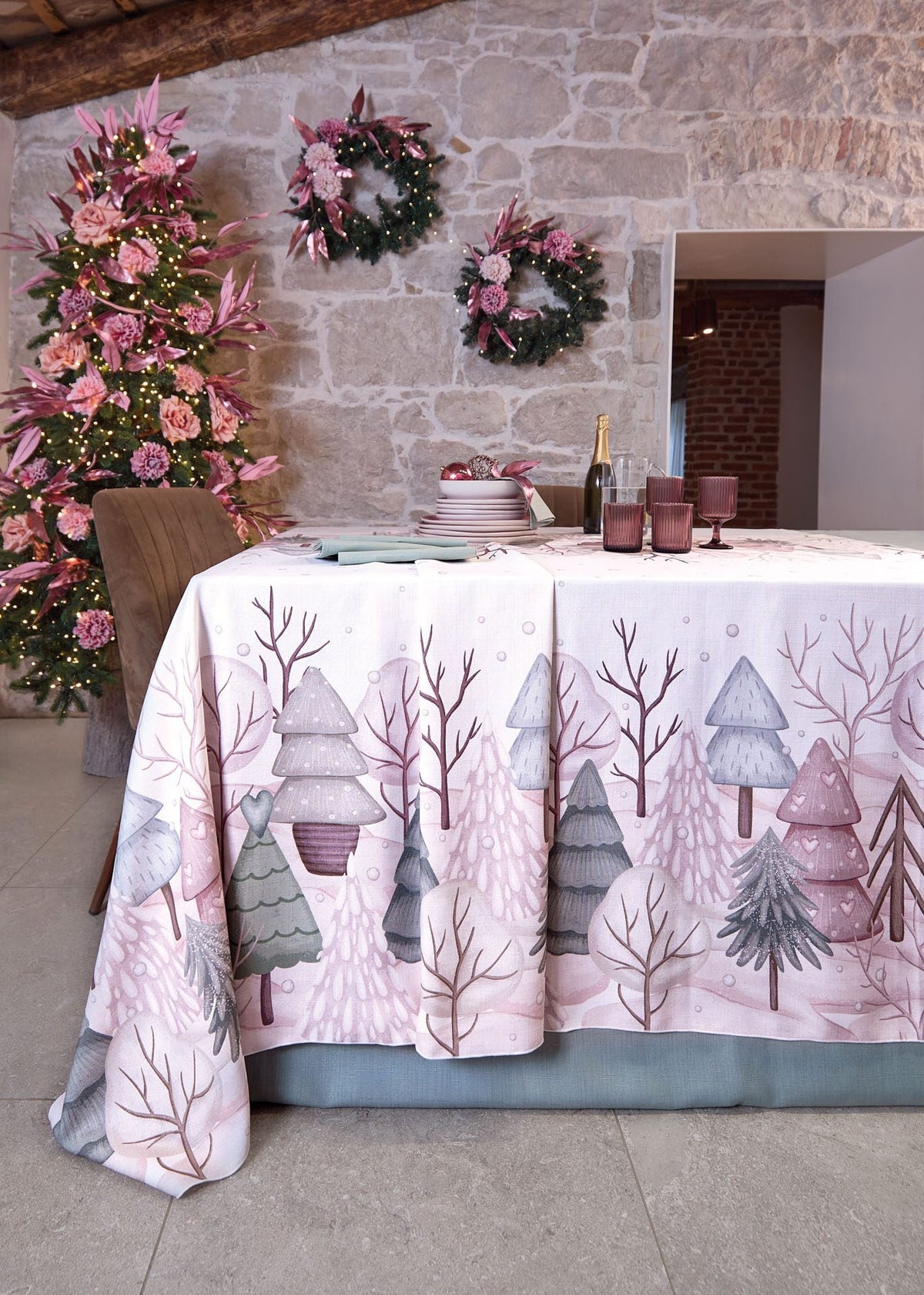 Maison Sucree' Natale Tovaglia e/o Runner In Tessuto Antimacchia Stampato Pigneto