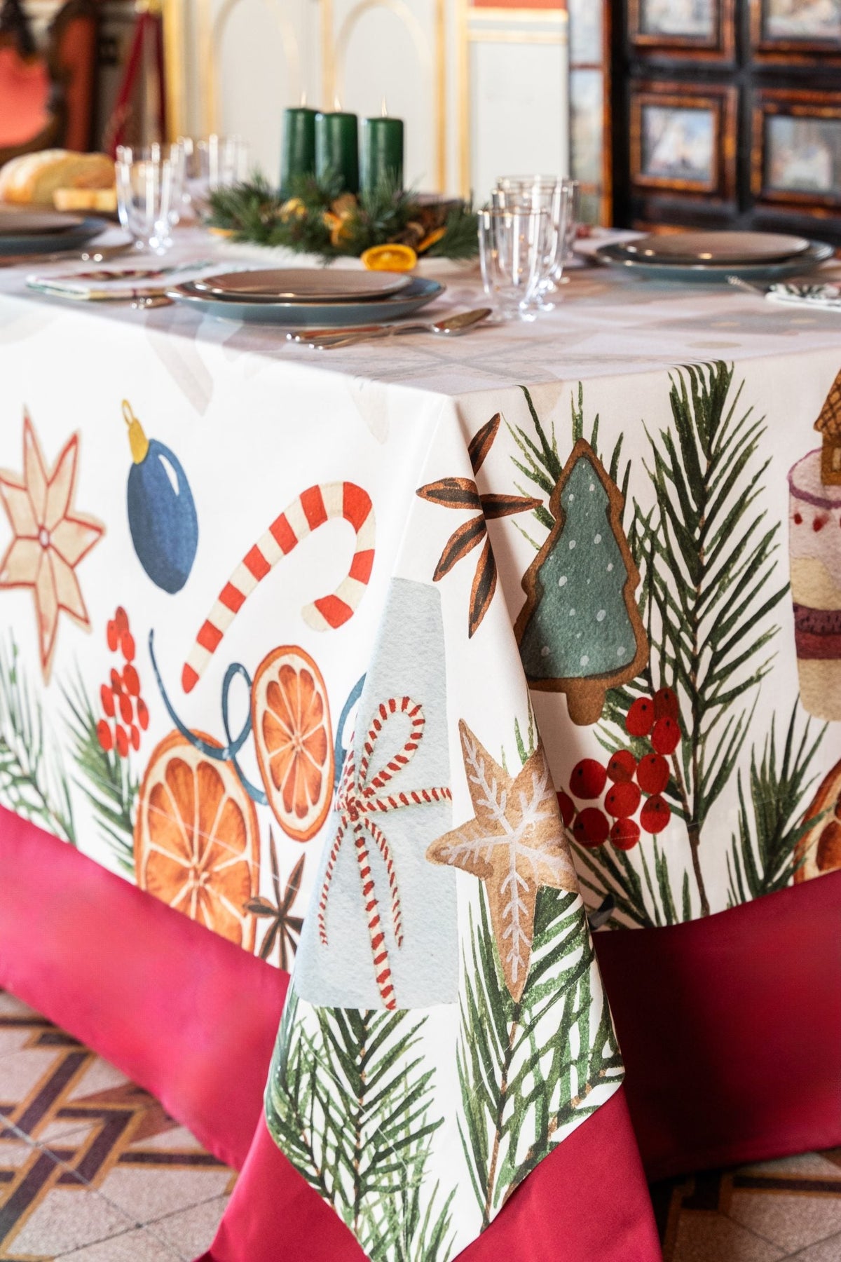 Napking Tovaglia Natalizia E/O Runner in raso di cotone antimacchia stampato Xmastea