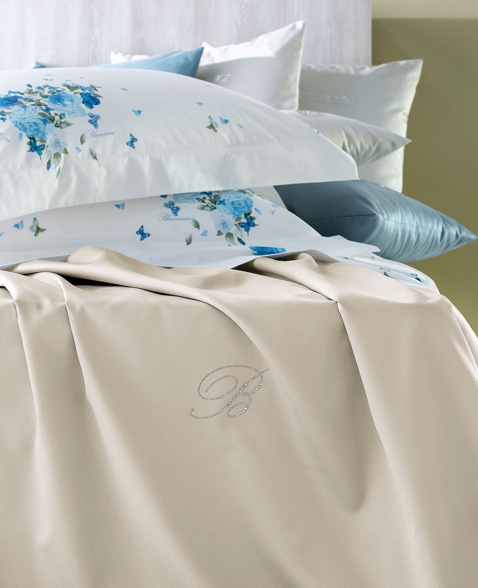Blumarine Copriletto Liscio Matrimoniale Con Logo In Cristalli Note Blu