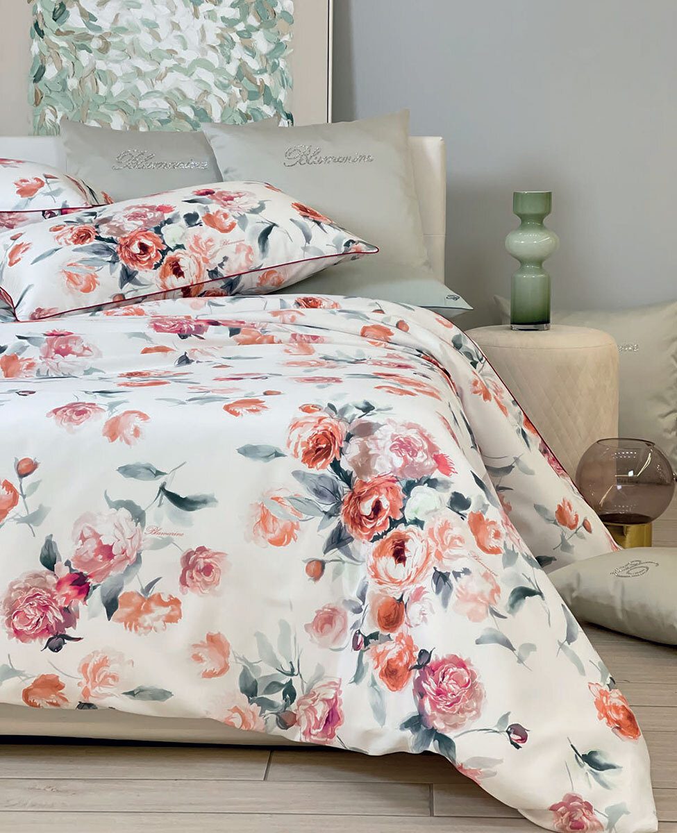 Blumarine Completo Copripiumino Matrimoniale In Raso Di Cotone Biancofiore