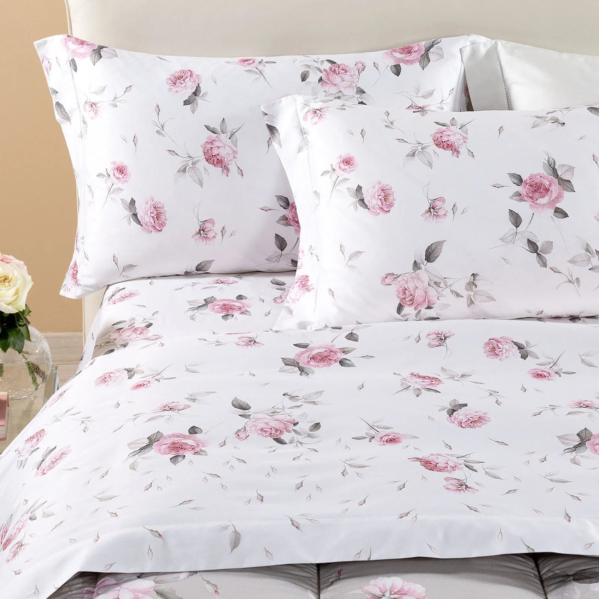 Caleffi Completo Lenzuola Matrimoniale In Raso Di Cotone Stampato Bella Rosa