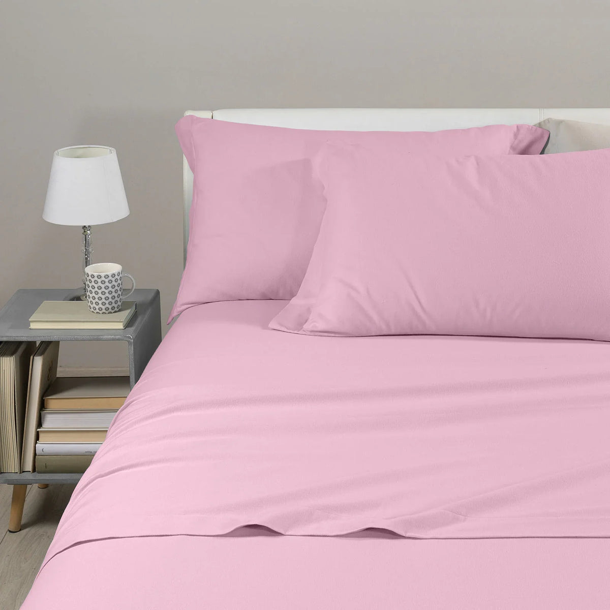 Caleffi Completo Lenzuola Matrimoniale In Flanella Tinta Unita Rosa