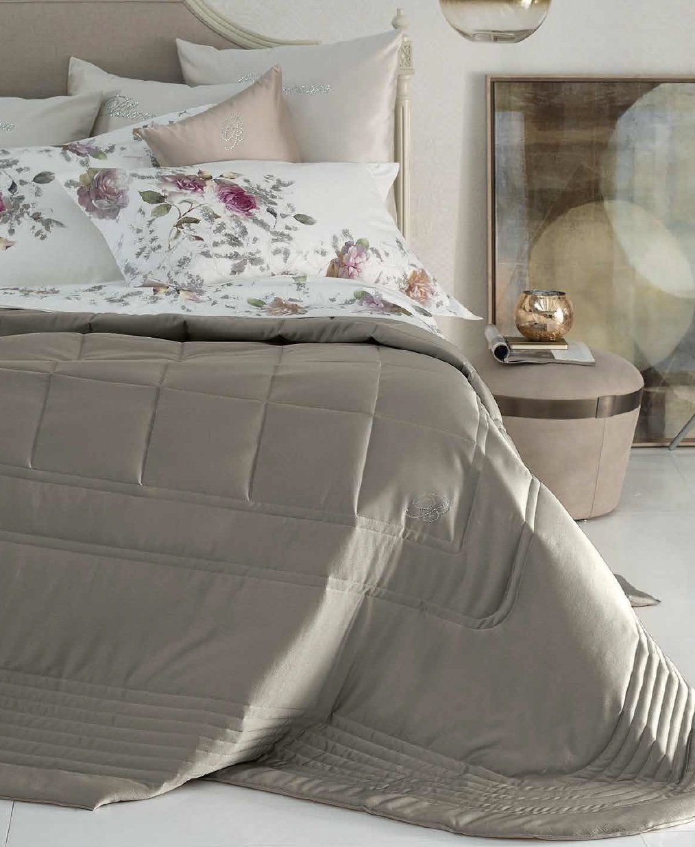 Blumarine Copriletto Matrimoniale Trapuntato In Velluto Con Logo Cristalli Blu Velvet