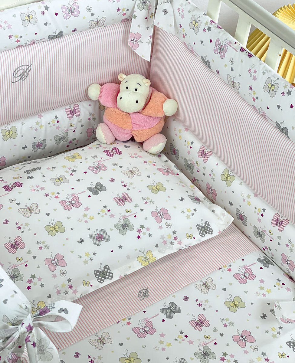 Blumarine Baby Completo Copripiumino Lettino Con Paracolpi In Percalle Di Cotone Farfalle