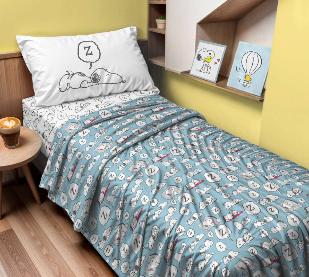 Peanuts Completo Lenzuola Singolo Modello Copriletto In Puro Cotone Snoopy Zzz