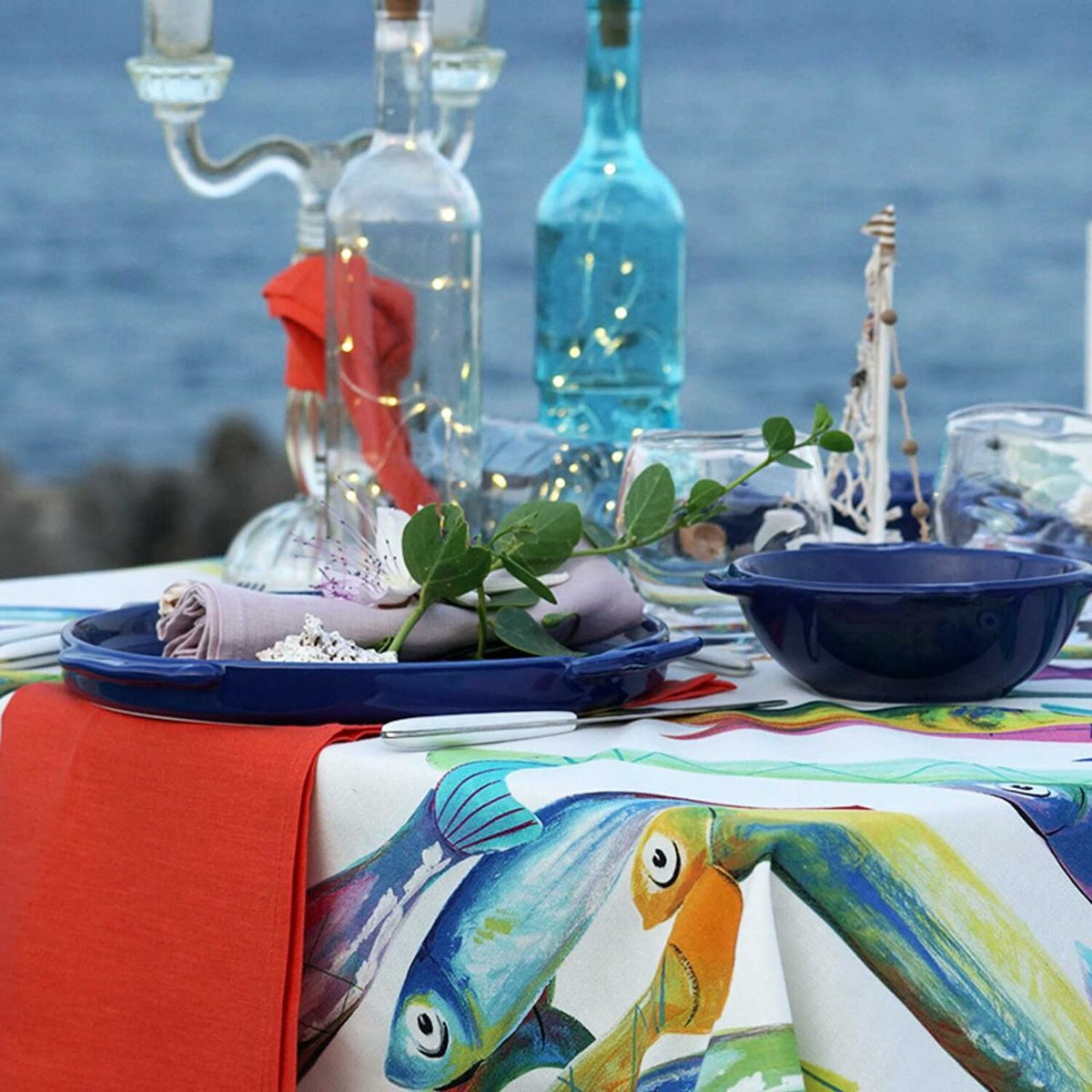 Tessitura Toscana Telerie Tovaglia E/O Runner Cotone Poisson Bleu