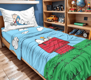 Peanuts Completo Lenzuola Singolo Modello Copriletto In Puro Cotone Snoopy Dog House