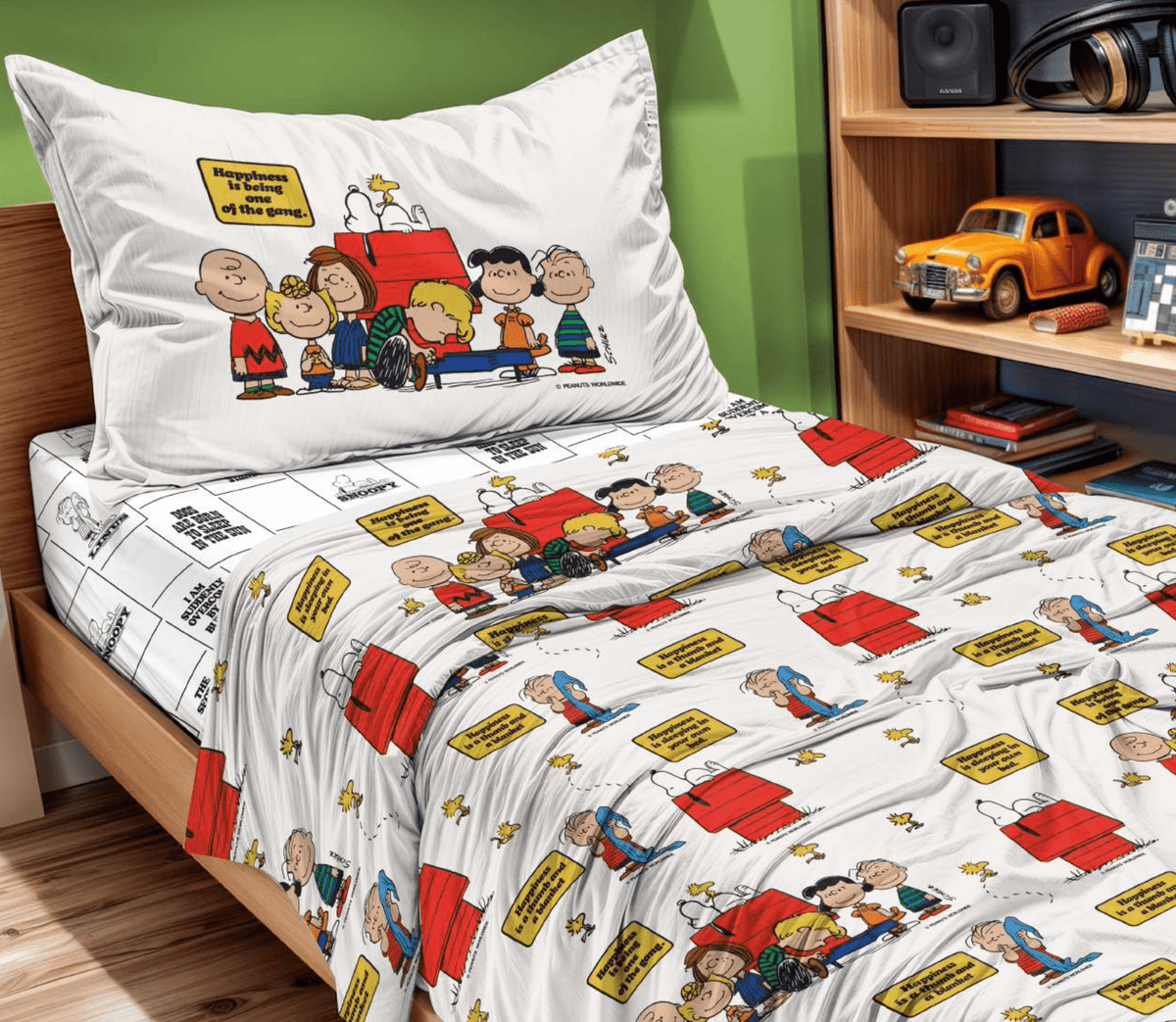 Peanuts Completo Lenzuola Singolo Modello Copriletto In Puro Cotone Snoopy Happiness
