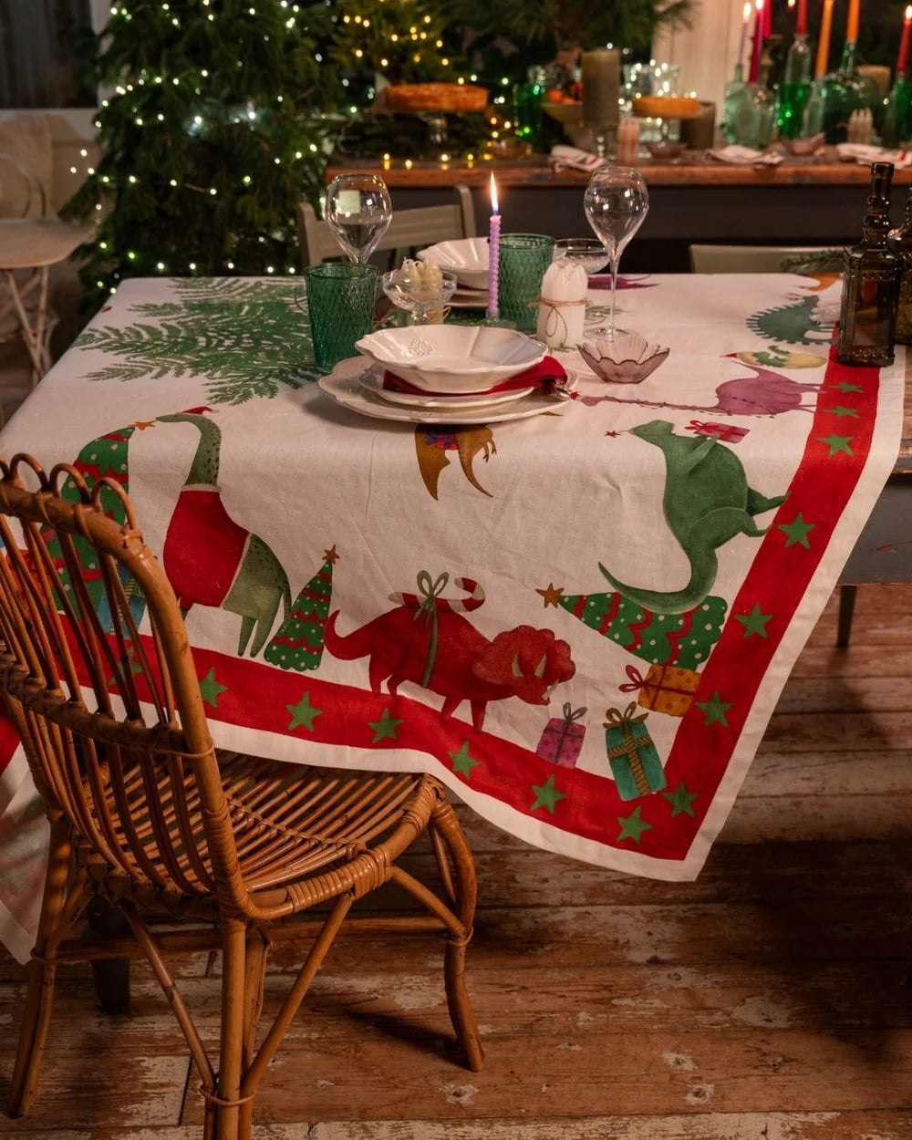 Tessitura Toscana Telerie Tovaglia Natalizia E/O Runner In Misto Lino Jurassic Xmas