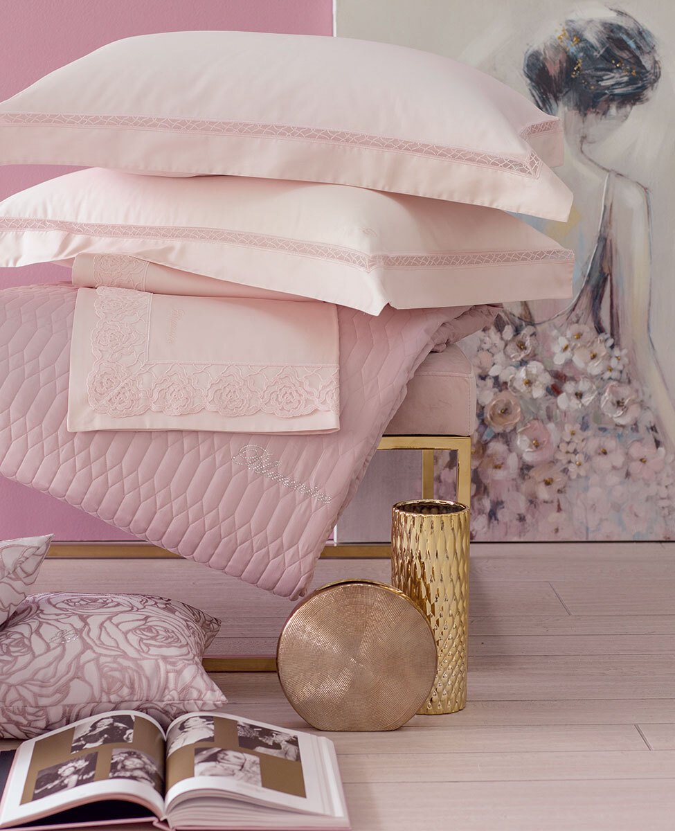 Blumarine Completo Lenzuola Matrimoniale In Raso Di Cotone Con Tulle Zaffiro