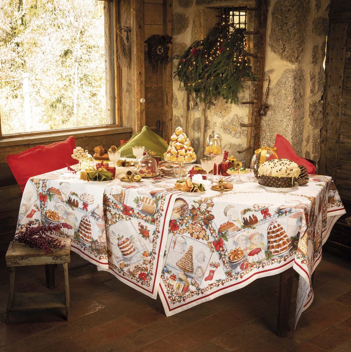 Tessitura Toscana Telerie Tovaglia Natalizia E/O Runner In Lino Stampato Noel Gourmand