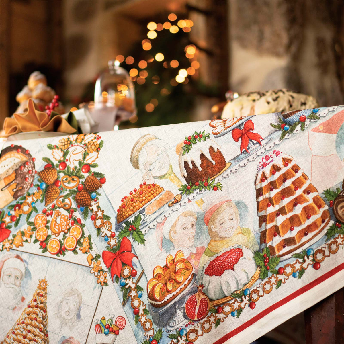 Tessitura Toscana Telerie Tovaglia Natalizia E/O Runner In Lino Stampato Noel Gourmand