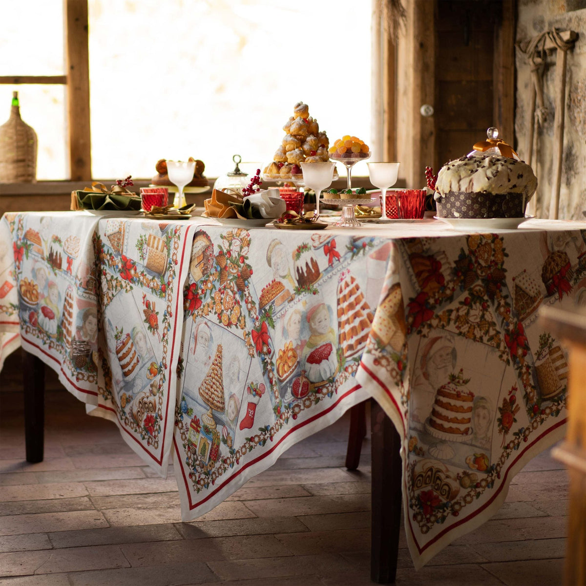 Tessitura Toscana Telerie Tovaglia Natalizia E/O Runner In Lino Stampato Noel Gourmand