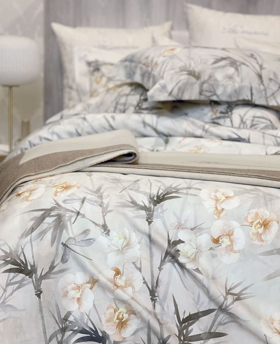Blumarine Completo Copripiumino Matrimoniale In Raso Di Cotone Orchidea