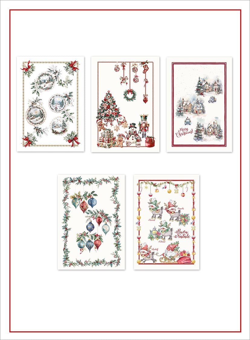 Tessitura Randi Set 5 Strofinacci Natalizi Assortiti In Cotone Stampato Merry Christmas