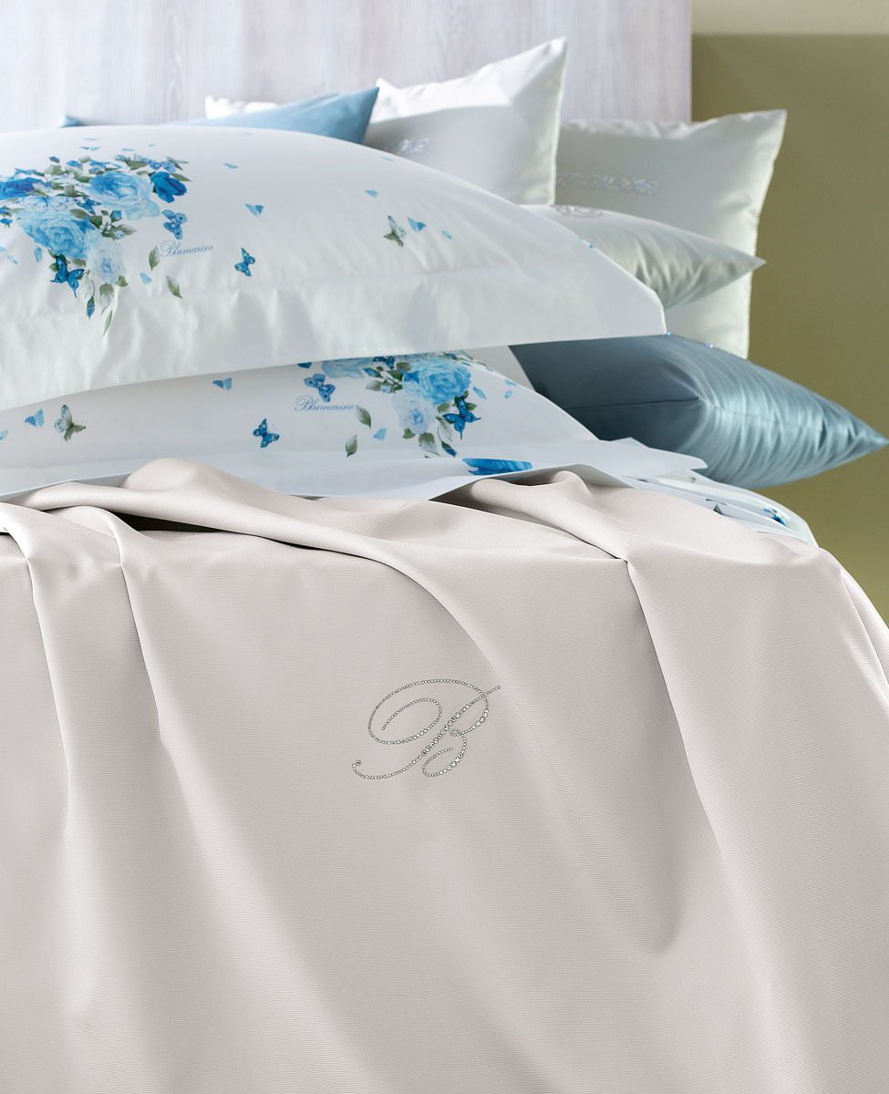 Blumarine Copriletto Liscio Matrimoniale Con Logo In Cristalli Note Blu