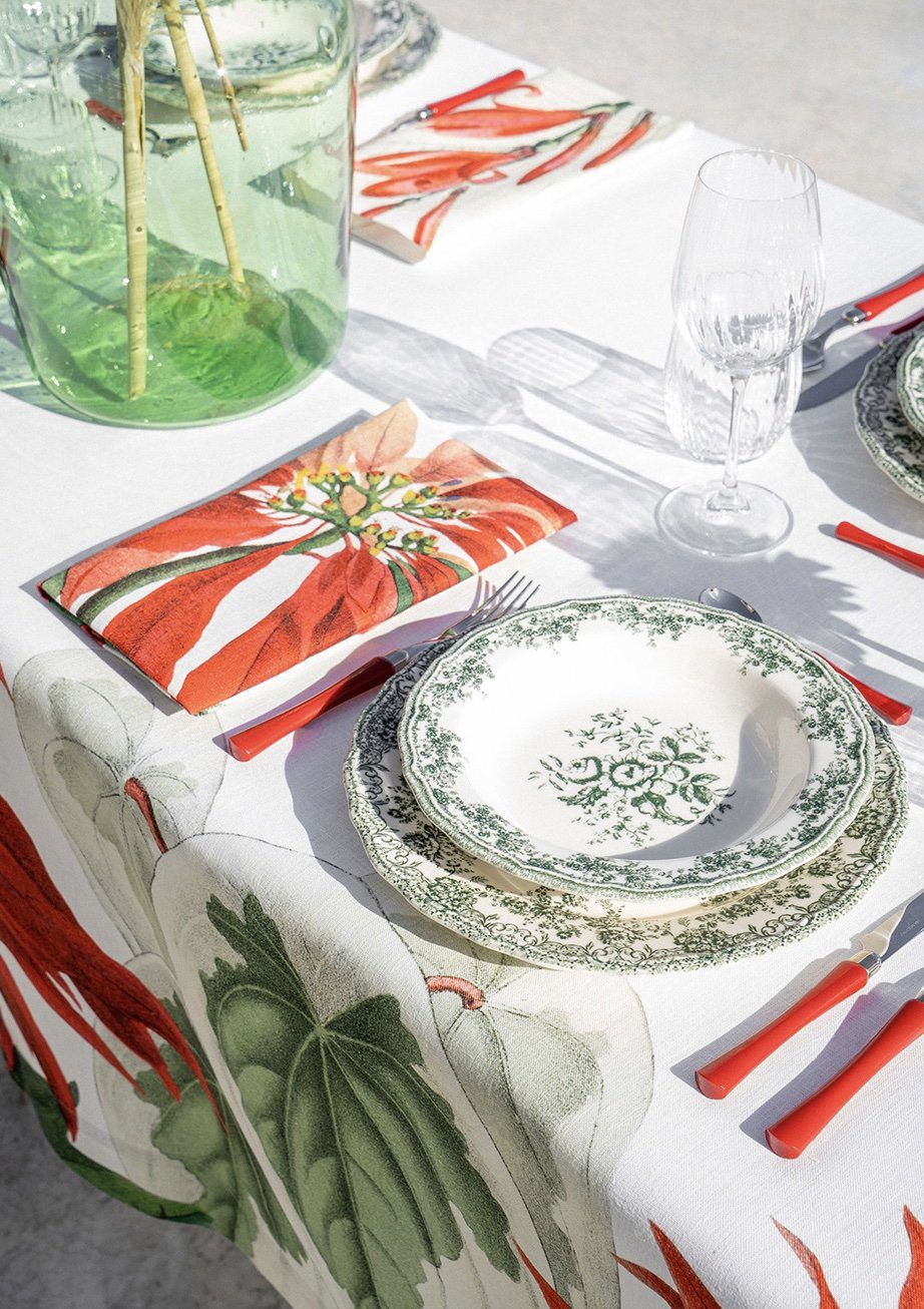 Napking Tovaglia Natalizia E/O Runner In Puro Lino Stampato Poinsetta