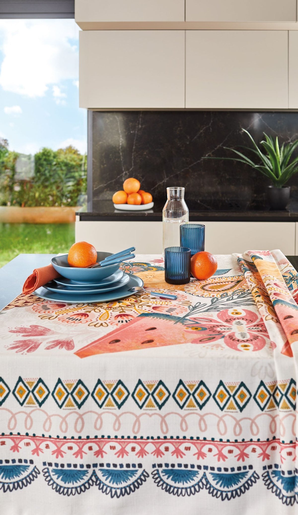 Maison Sucree' Tovaglia E/O Runner In Tessuto Antimacchia Stampato Puebla