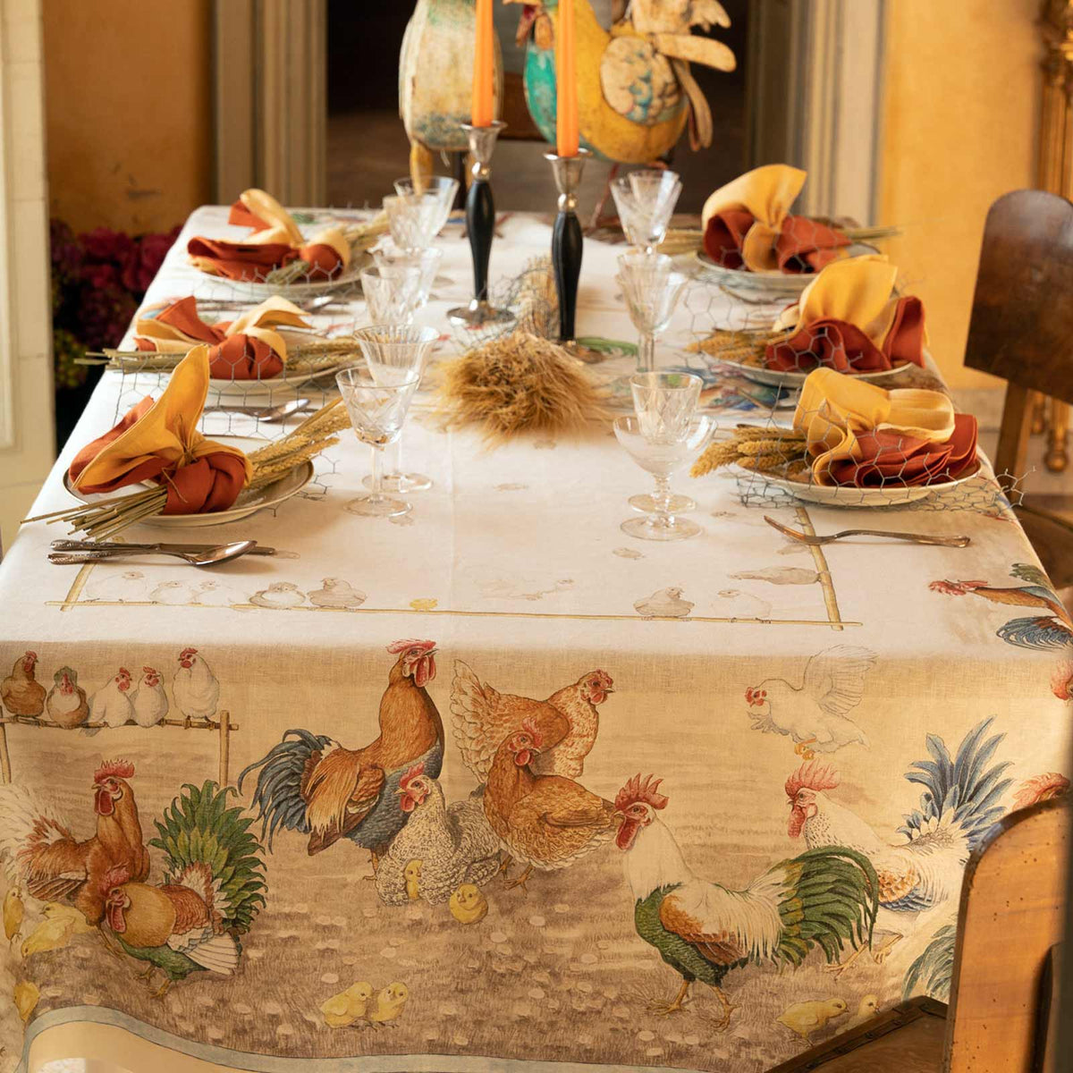 Tessitura Toscana Telerie Tovaglia E/O Runner In Lino Stampato Roosters
