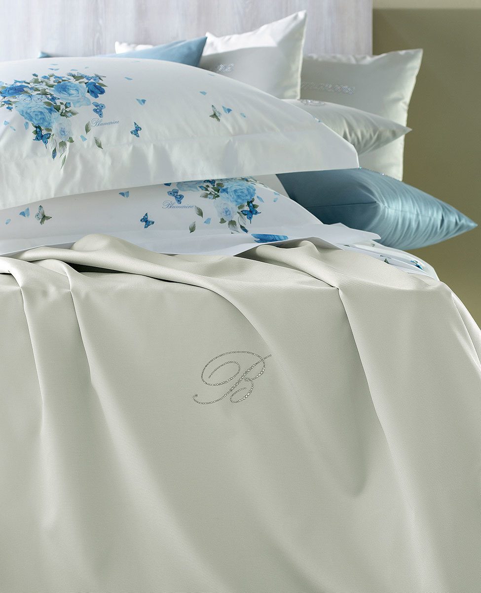 Blumarine Copriletto Liscio Matrimoniale Con Logo In Cristalli Note Blu