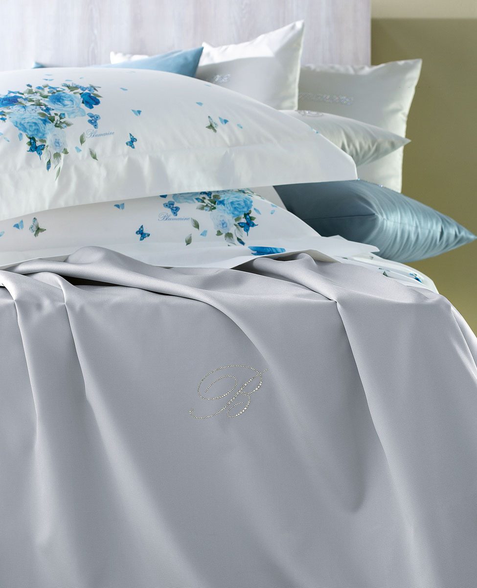Blumarine Copriletto Liscio Matrimoniale Con Logo In Cristalli Note Blu