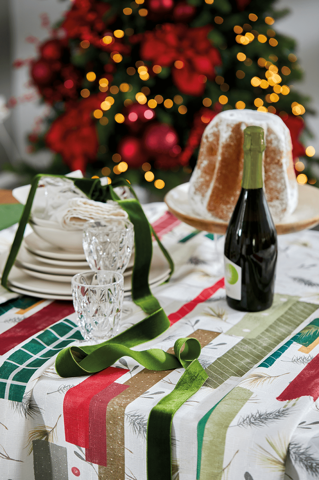 Maison Sucree' Natale Tovaglia E/O Runner In Tessuto Antimacchia Stampato Nastrini Natalizi