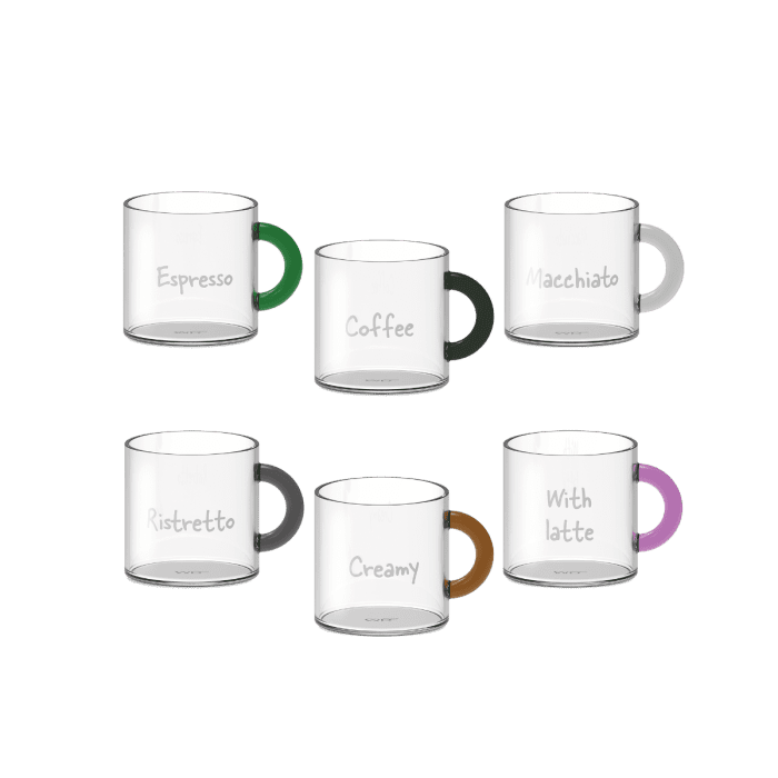 Wd Set 6 Tazzine Da Caffe' In Vetro Borosilicato Con Manico Colorato E Scritta Decorativa