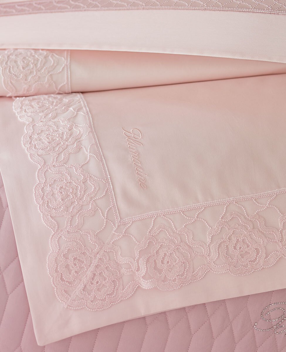 Blumarine Completo Lenzuola Matrimoniale In Raso Di Cotone Con Tulle Zaffiro